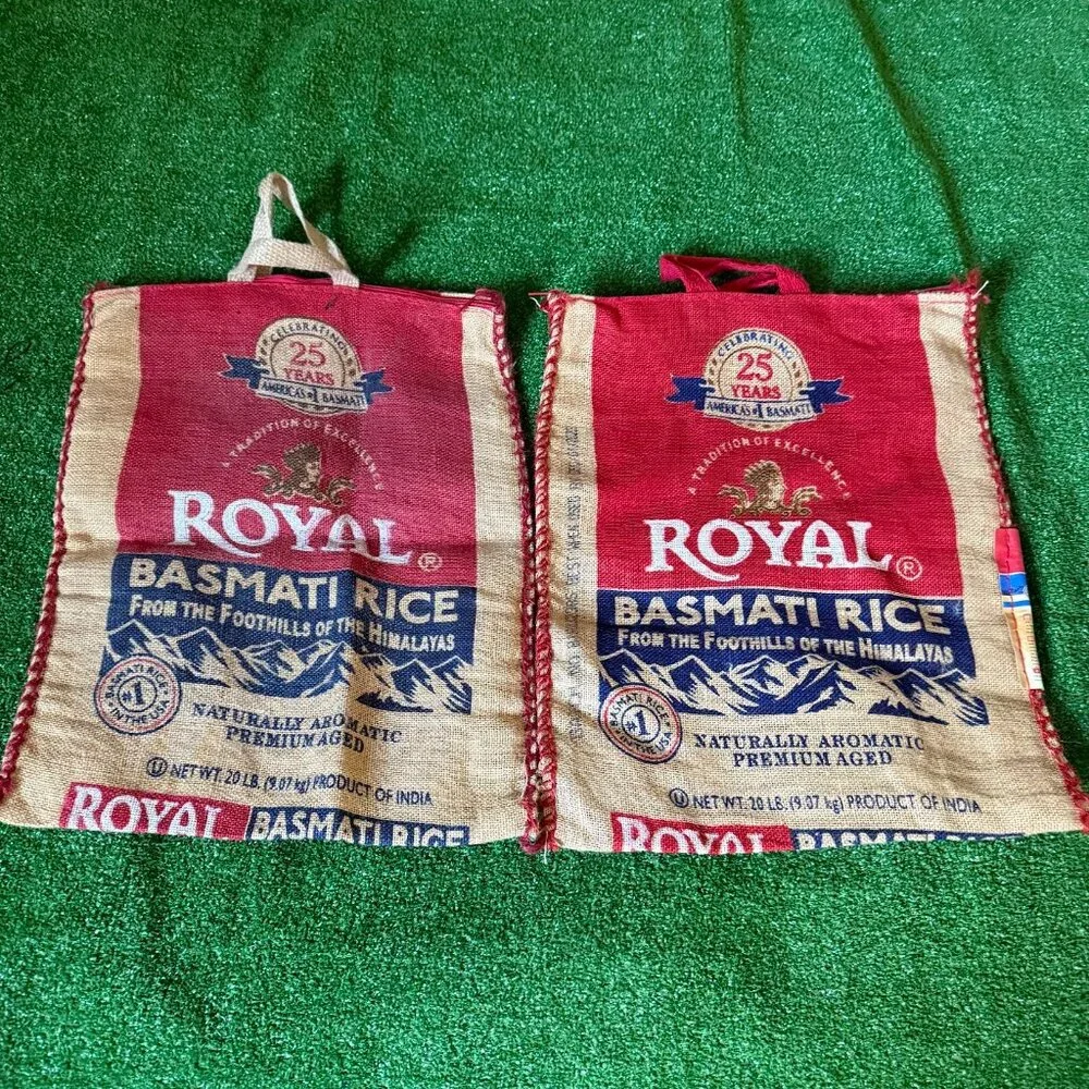 Lot of 2 Royal Basmati Jute Burlap Zipper Reusable Bag Handcrafted in India OS